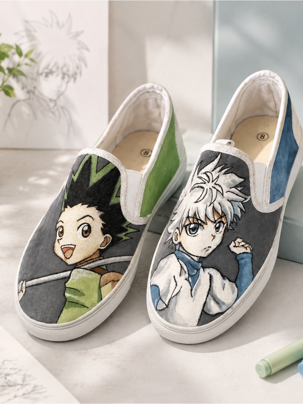 Custom Hand Painted Anime Slip-On Shoes Size 8 Canvas Green Blue Character Art